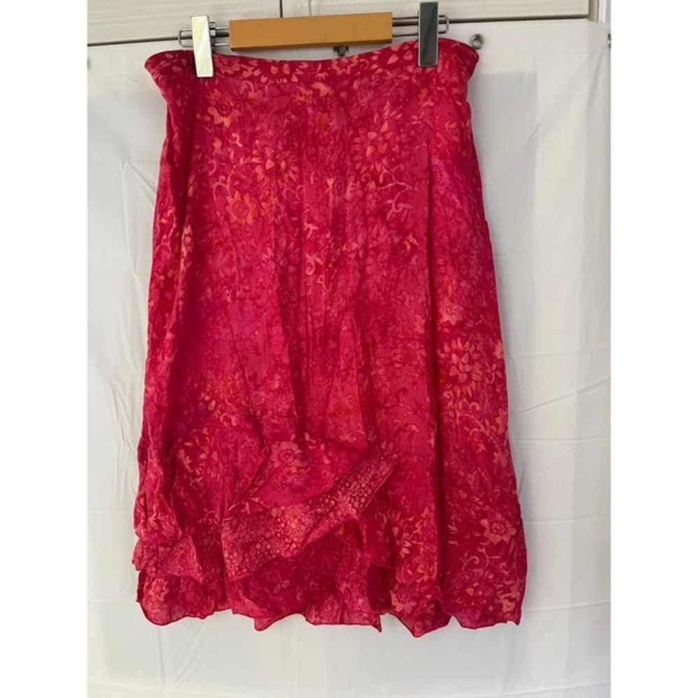 Nomadic Traders Pink Orange Floral Batik Crinkle Ruffle Midi Skirt Womens Medium